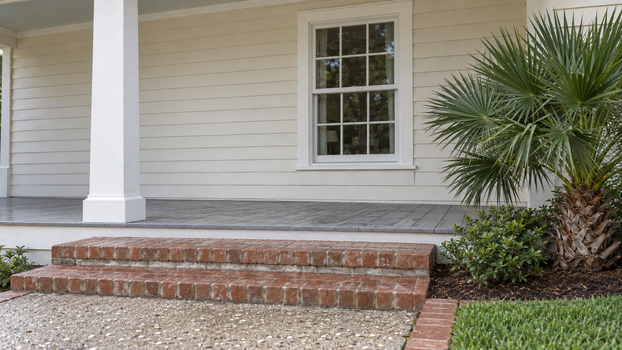 Ivory-sided home veranda with a white column, multi-pane window, gray porch boards and weathered brick steps beside a dwarf palmetto.