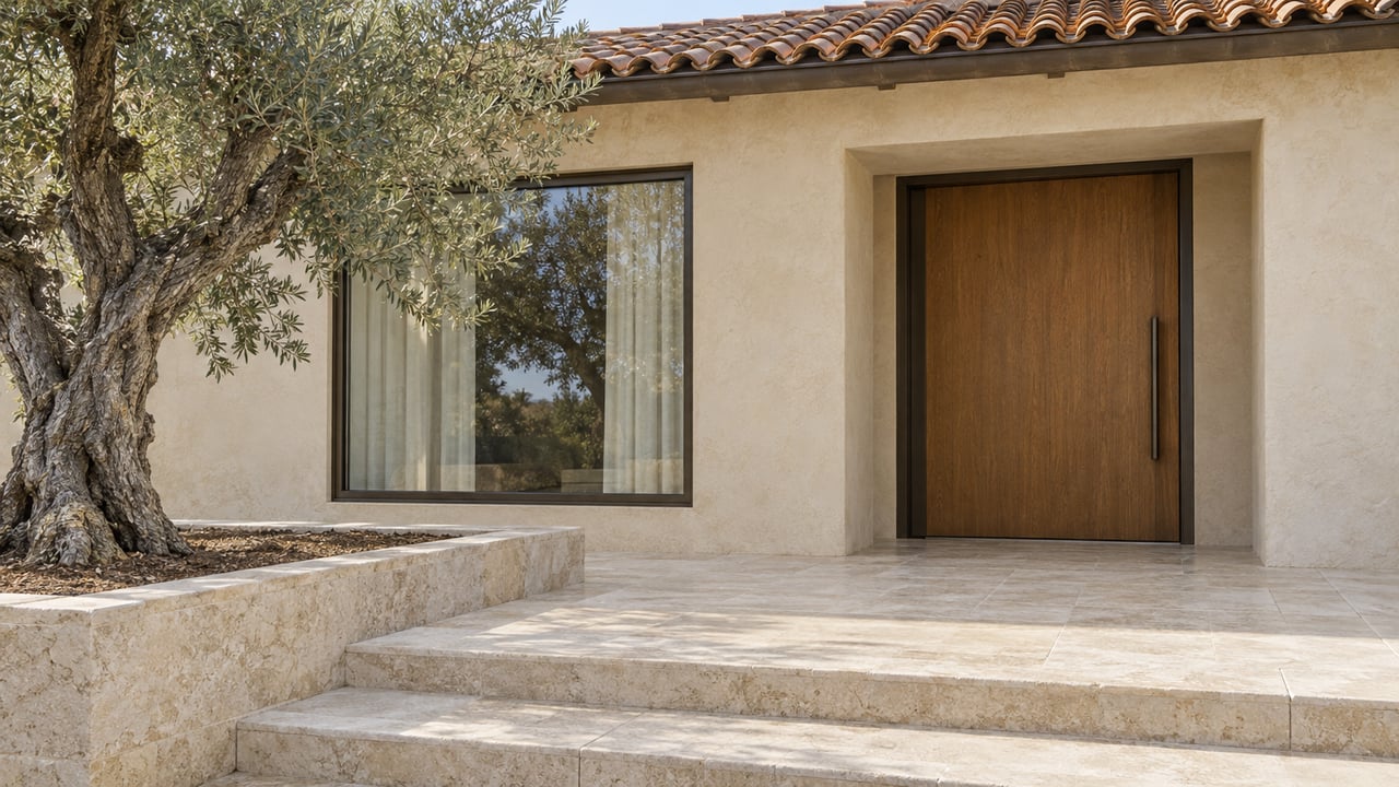 Warm stucco home entrance with a recessed oak door, bronze-framed window, limestone steps and a mature olive tree.