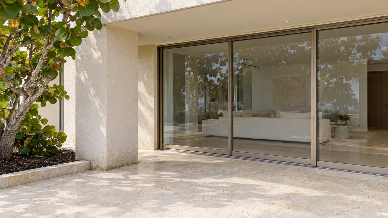 Ivory stucco and bronze-framed glass open visually onto a limestone terrace beside one sculptural sea grape tree.