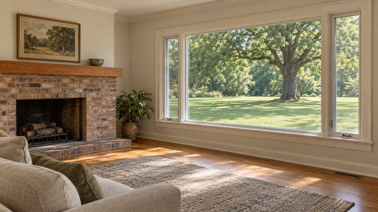 Living room with a brick fireplace and picture window overlooking a deep lawn and mature oak.