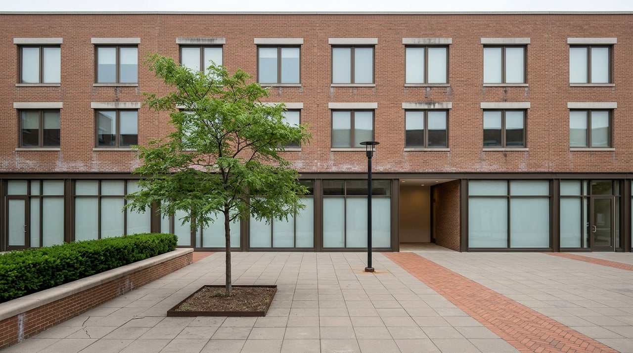 Four-story brick building facing a broad paved plaza with a honeylocust tree, brick seat wall, and recessed glowing entry.