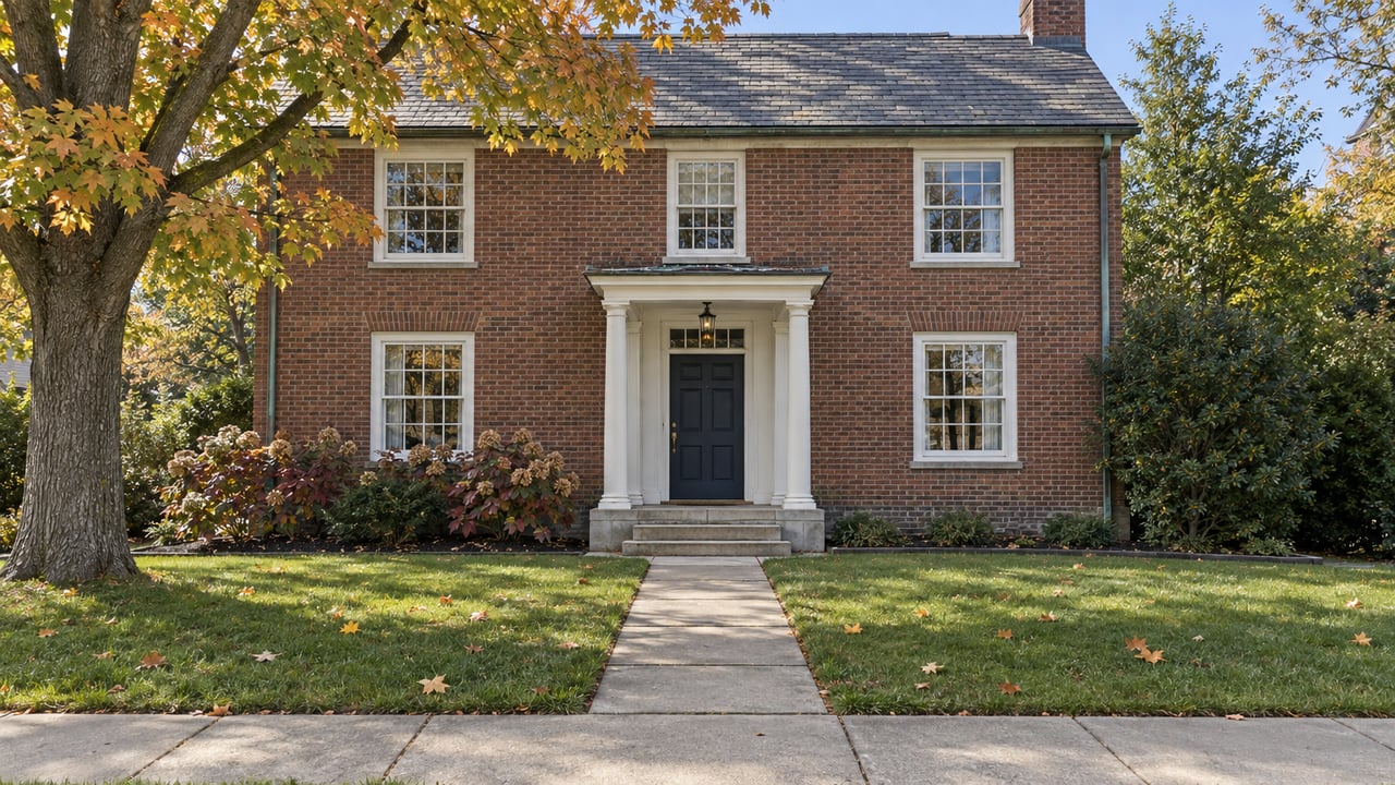 Established brick home with white multi-pane windows, a columned entry, and an autumn maple beside its front lawn.