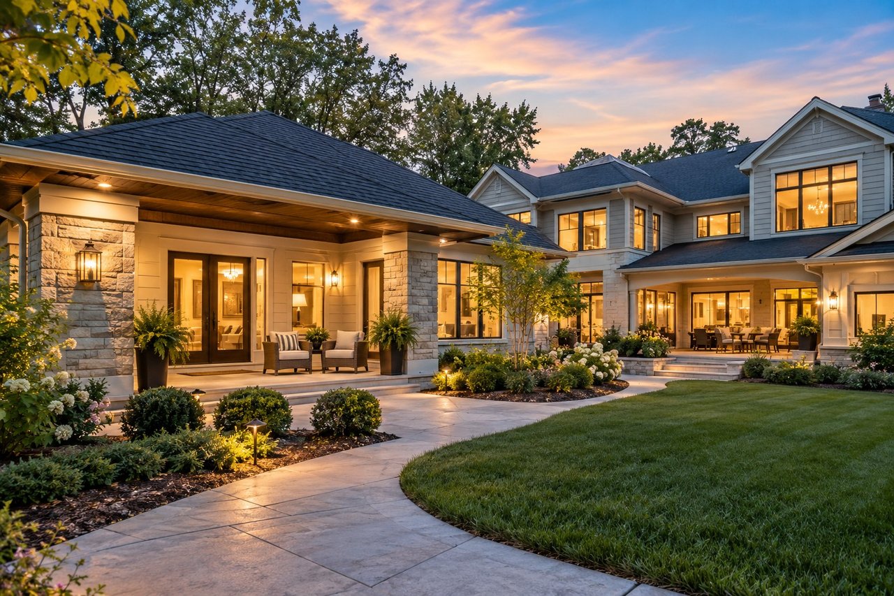 Large stone-and-siding home with illuminated windows, covered porch, and landscaped curved walkway at sunset.