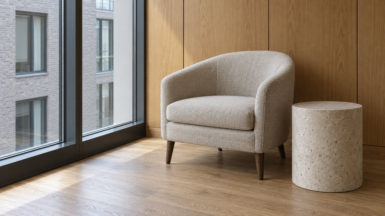 A wool armchair and limestone side table in a quiet oak-paneled living-room alcove beside tall closed windows.