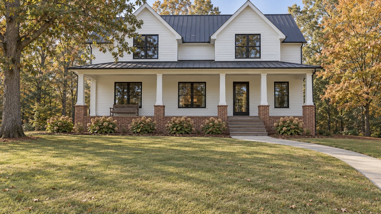 White gabled home with a broad timber porch, brick foundation and deep autumn lawn framed by mature hardwood trees.