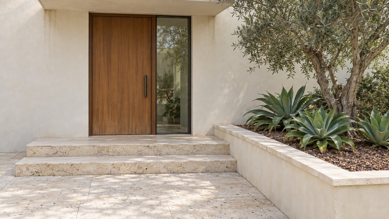A teak front door beneath a pale plaster canopy, approached by limestone steps beside an olive tree and three sculptural agaves.
