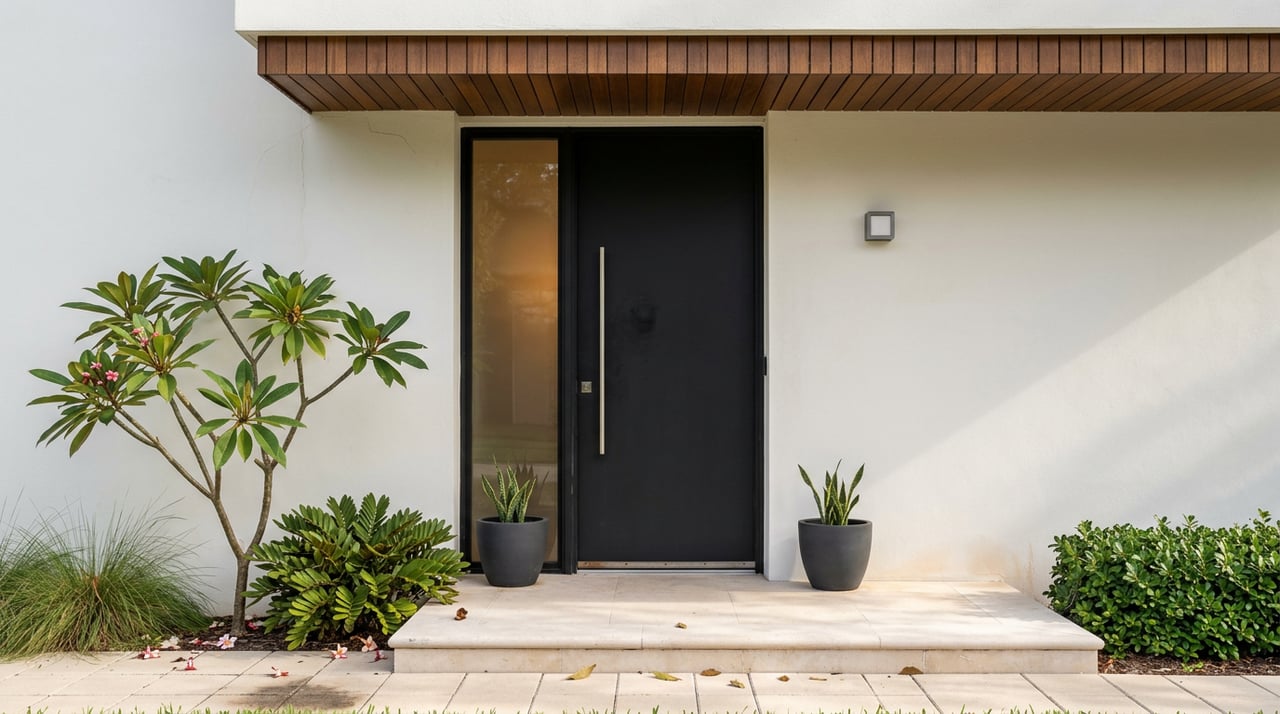 Modern home entry with a black steel door, limestone stoop, ipe canopy, and tropical plants.