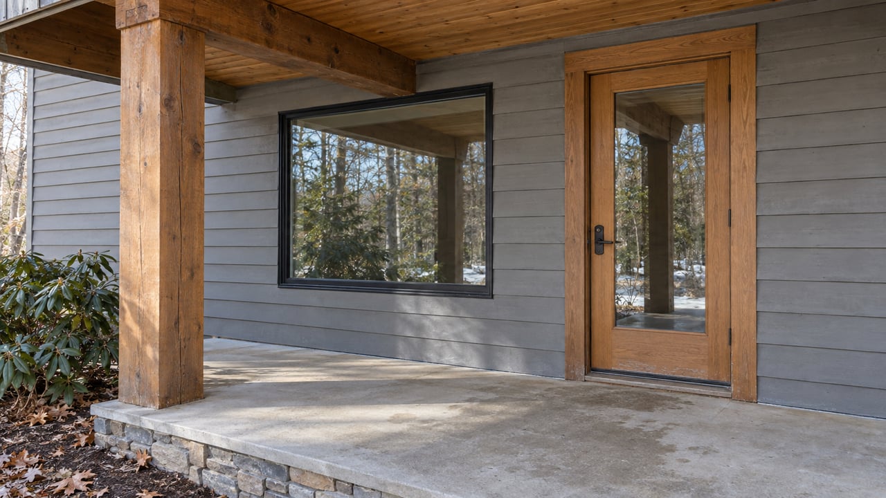 Sunlit timber porch with an oak entry door, gray siding and a rhododendron beside a raised stone-edged concrete floor.