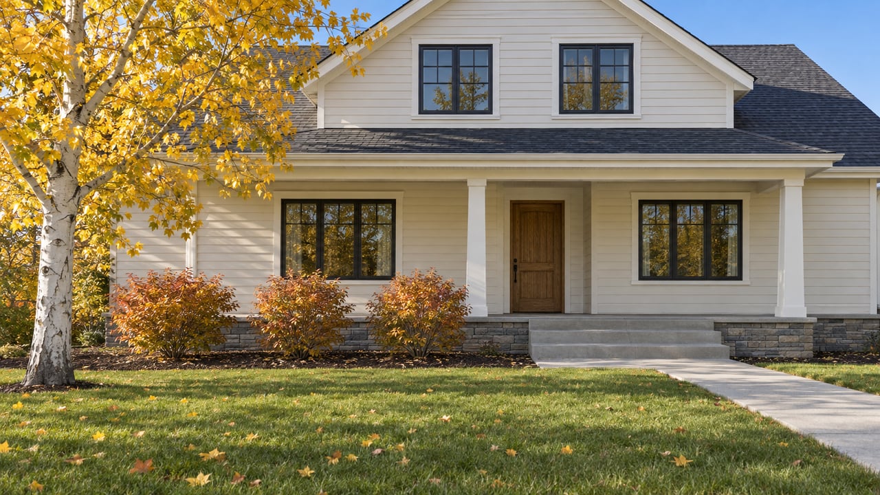Cream gabled home with dark divided-light windows, a covered stone-base porch, deep front lawn, and one golden aspen.