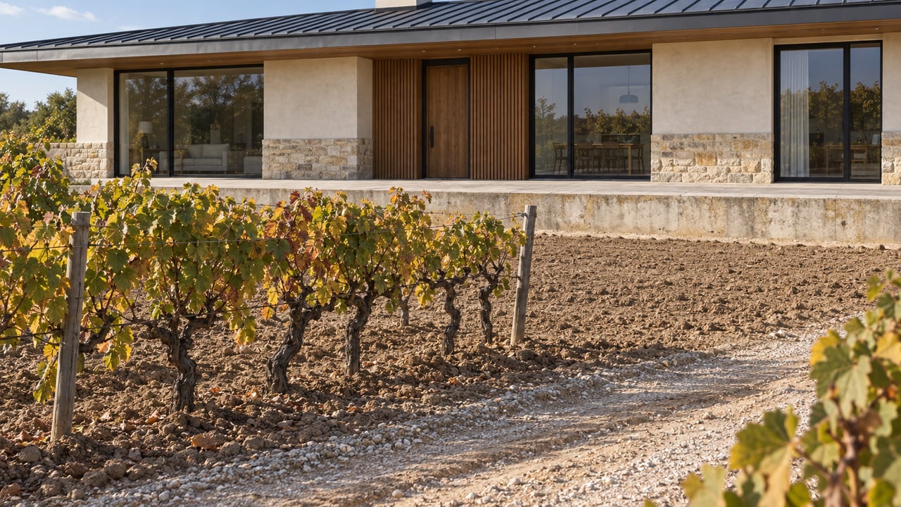 Pruned vineyard rows cross dusty soil before a low modern house with a stone base, wood entry, and concrete terrace.