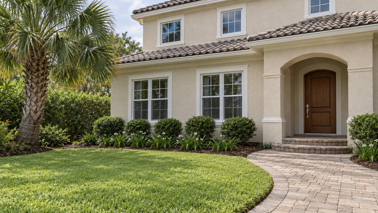 A sand-colored two-story stucco home with a tiled roof, arched entry, curved paver walk and broad green front lawn after rain.