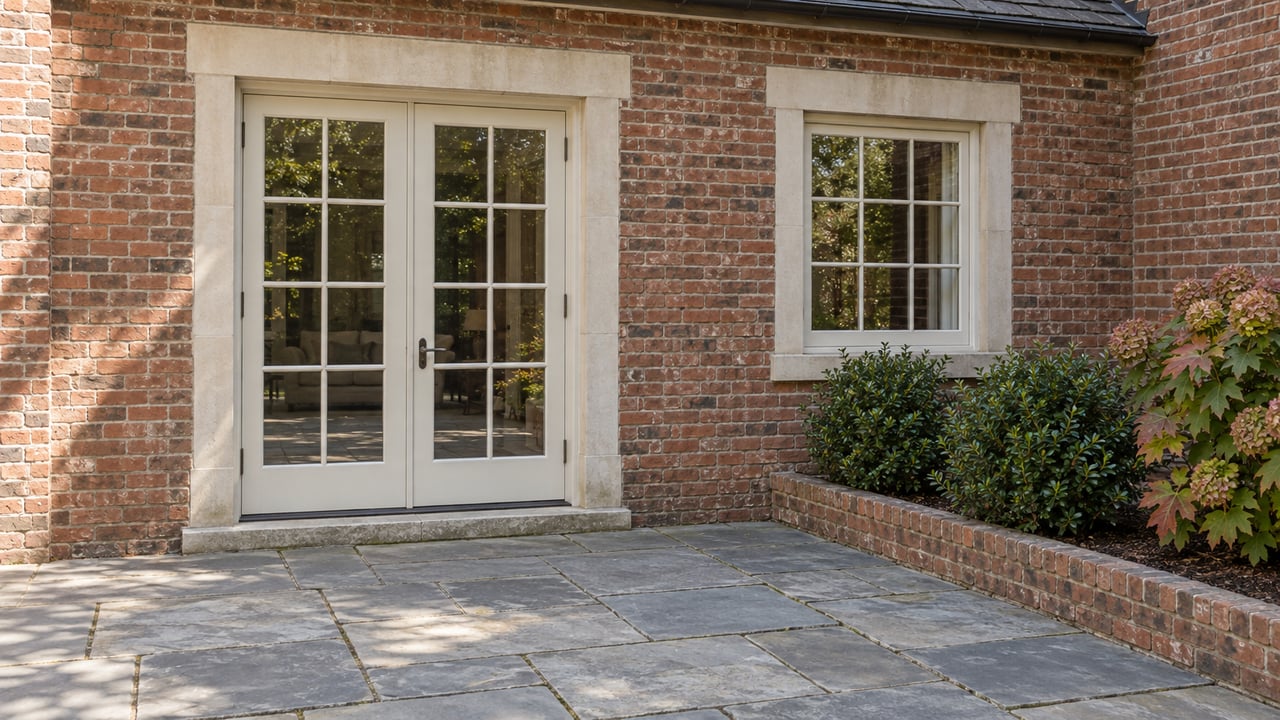 Brick courtyard with closed French doors, a multi-pane window, stone pavers, and shrubs in a raised bed.