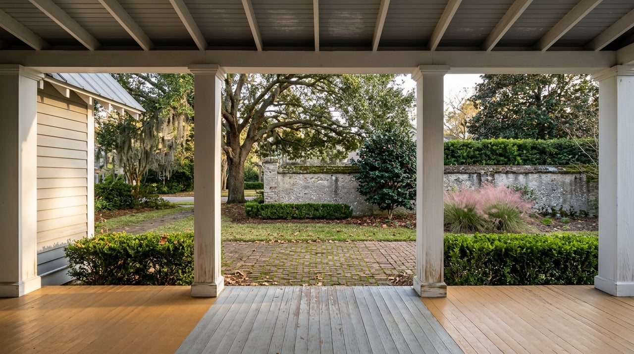 White porch columns frame a herringbone paver walk, boxwood hedge, tabby garden wall, and oak draped with Spanish moss.
