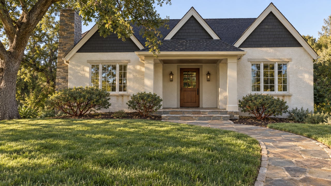 A cream stucco home with dark gables, multi-pane windows and a recessed oak entry overlooks a broad lawn and curved sandstone path beneath a mature oak.