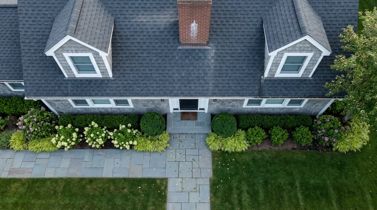 Suburban home with two roof dormers, brick chimney, bluestone entry path, and clipped foundation plantings.