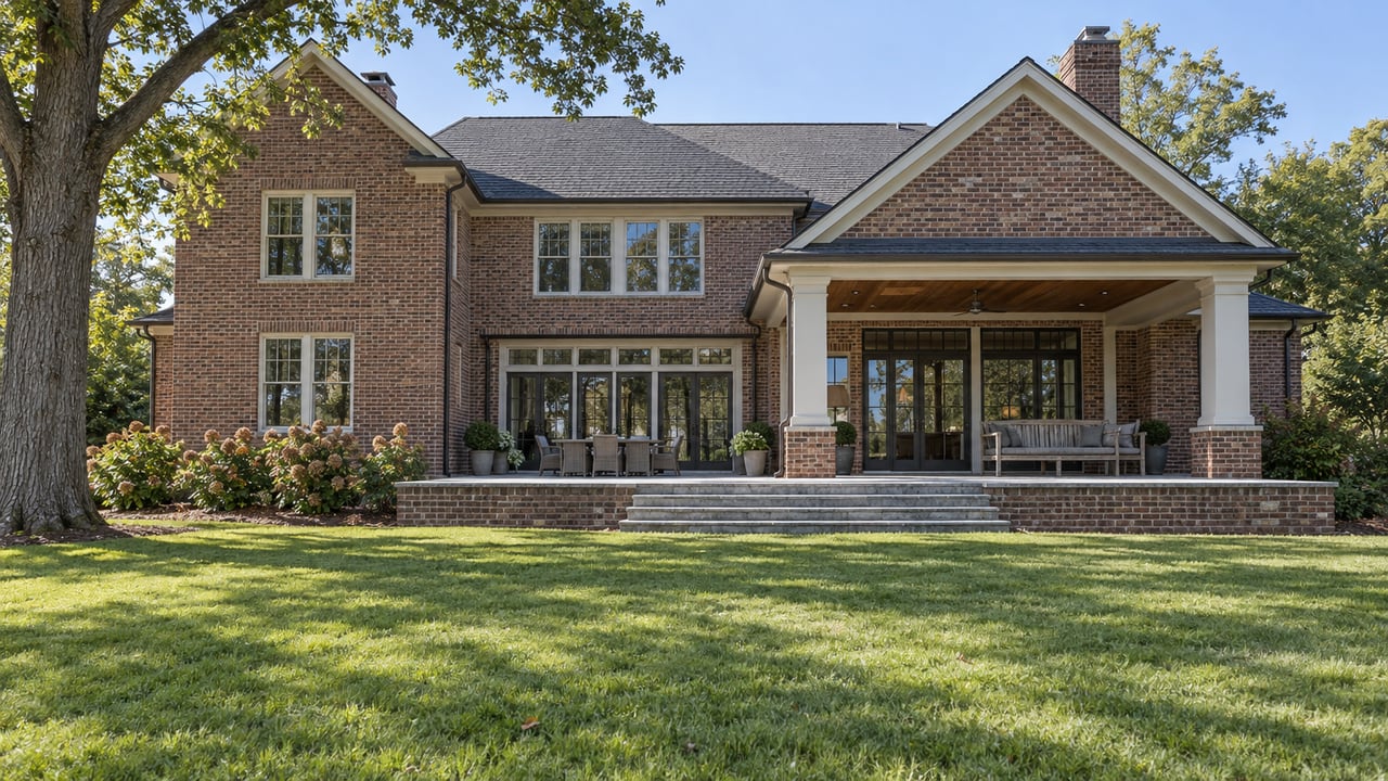 Red-brown brick home with white trim, a covered rear porch and limestone steps opening onto a broad lawn beneath a mature white oak.