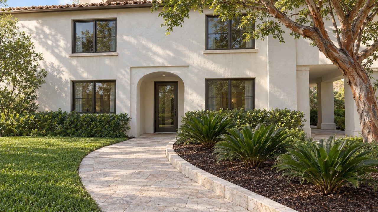 Two-story white stucco condominium with an arched entry, curved walkway, raised planting bed, and mature tree.