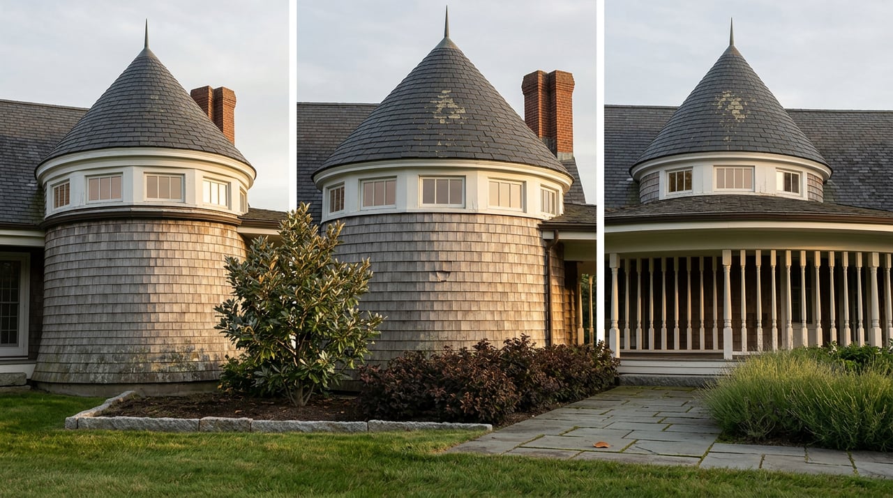 Cedar-shingled turret with conical slate roof and finial above a wraparound porch, framed by ornamental shrubs.