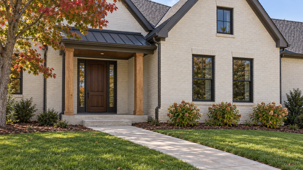 Ivory painted-brick home with black-framed windows, an oak-post entry porch and a concrete walk across an autumn lawn.