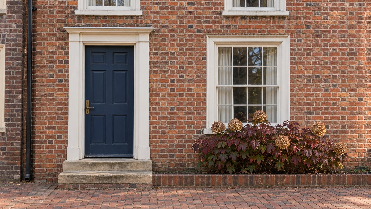 Sunlit red-brick home with a blue paneled door, white sash windows, worn stone steps and burgundy oakleaf hydrangea.