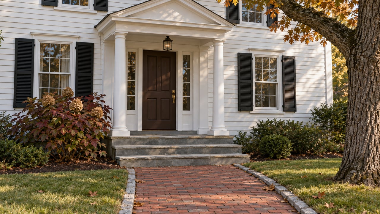 White clapboard house with a columned entry, black shutters, brick walk and autumn oak foliage.