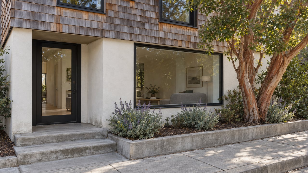 Street-facing home with cedar-shingled upper story, glazed black-framed entry, and a planter with peeling-trunk tree.