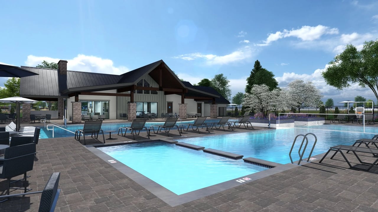 Community swimming pool with lounge chairs, a clubhouse, and a basketball hoop.