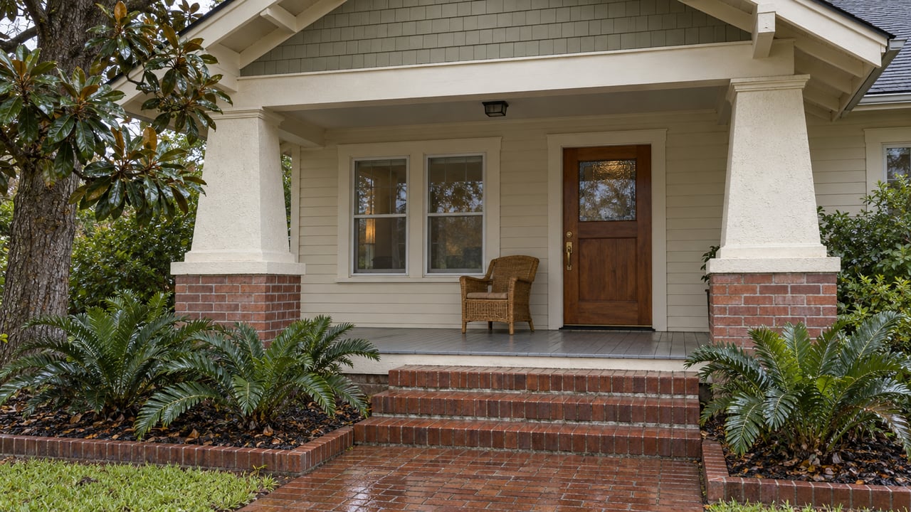Cream clapboard bungalow with a shingled gable, matched stucco porch piers, brick steps and carefully edged coontie beds after rain.