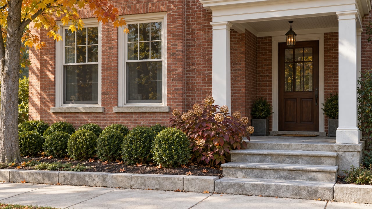 Red brick home with white-trimmed windows, a covered limestone porch and an autumn front garden beside a sidewalk.