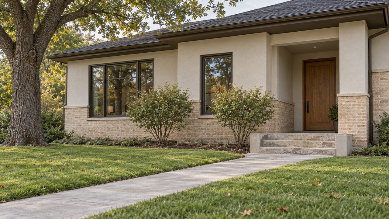 Detached house with buff brick and gray stucco, recessed oak door, concrete walk, lawn, and mature oak tree.