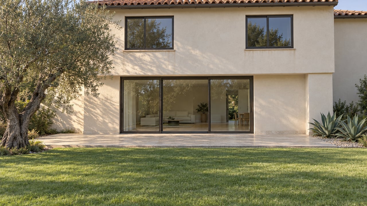 Two-story ivory stucco home with terracotta roof, glazed rear doors, lawn, olive tree and agaves.