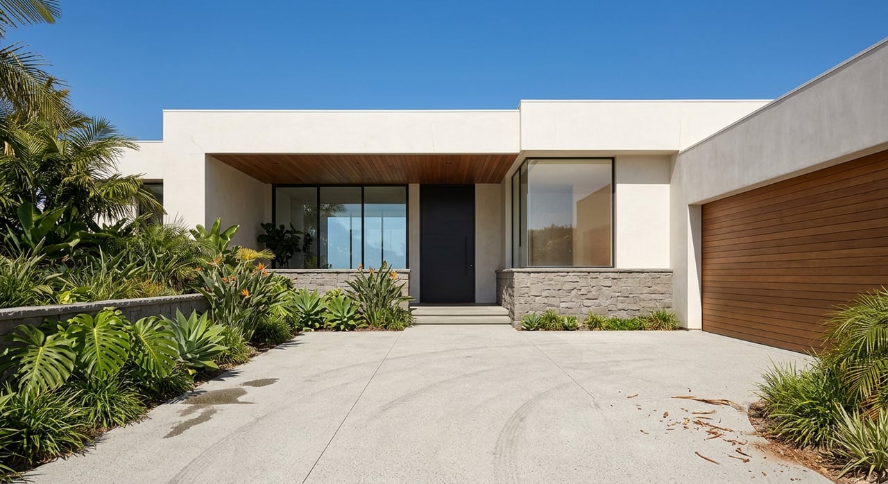 Modern stucco home with a basalt base, teak entry, curved driveway, and tropical garden beneath a palm.