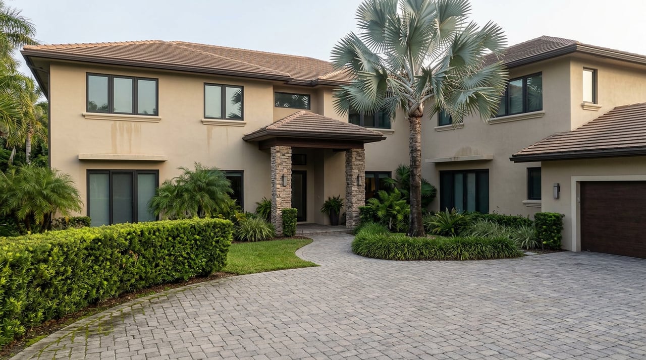Two-story dune-beige stucco estate with a stone entry, terracotta roof, motor court, and silver-blue palm.