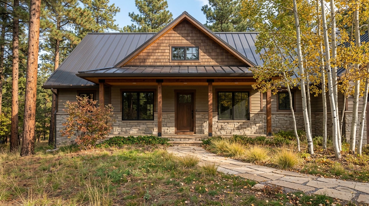 Mountain home with a covered timber porch and stone base, framed by golden aspens and tall pines.
