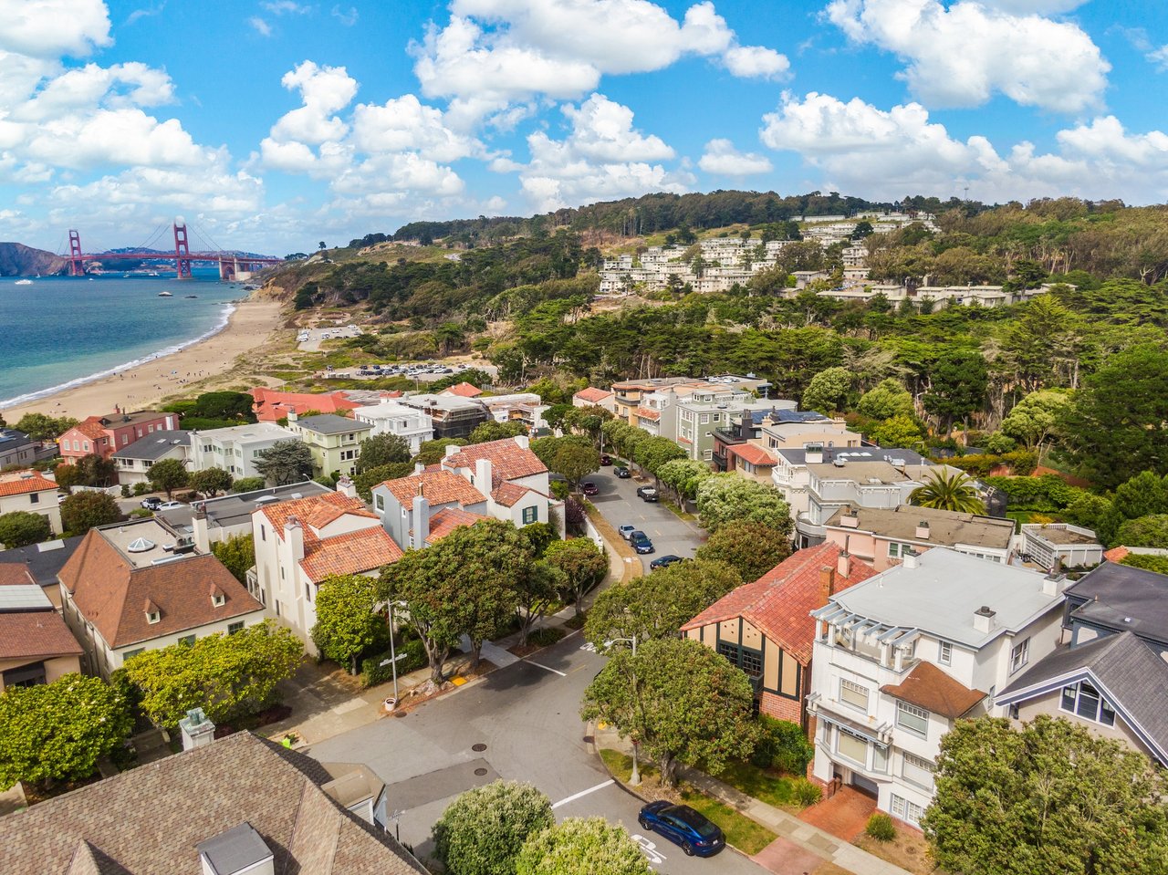 Aerial view of Sea Cliff in San Francisco towards the Golden Gate Bridge.