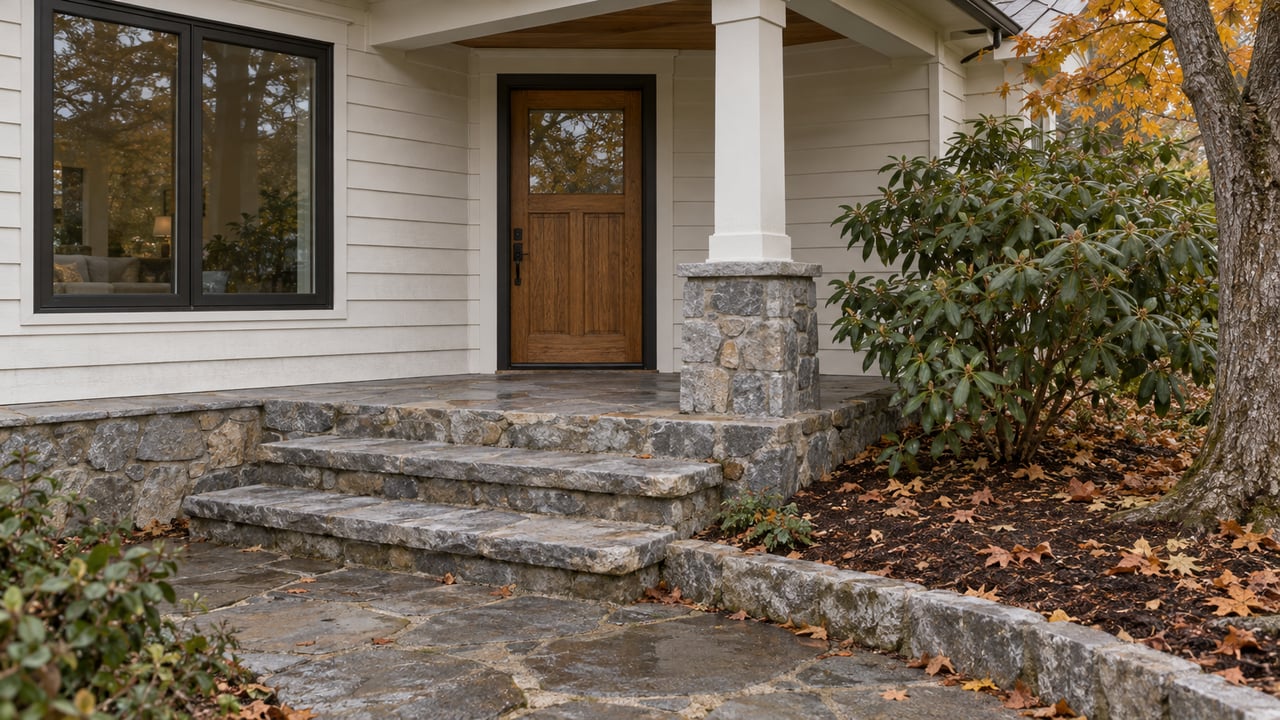 Stone steps lead to a sheltered oak entry beside a broad window, with amber maple leaves and a rhododendron along the planting bed.