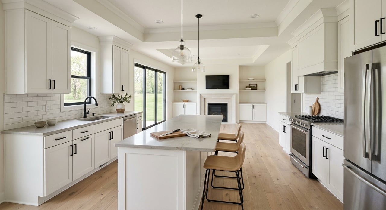 Open-plan kitchen with a veined quartz island, smooth cabinetry, and a limestone fireplace beyond.