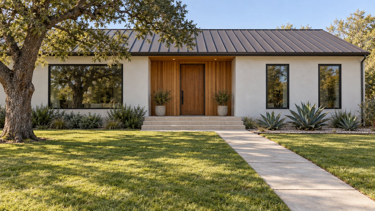Modern-ranch home with pale stucco, cedar entry, mature oak and a deep front lawn in morning sunlight.