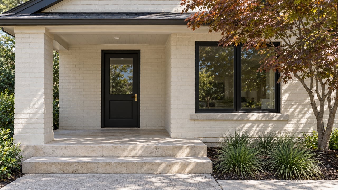 Cream-painted brick porch with a black entry door, broad black-framed window, limestone steps and a Japanese maple in morning light.