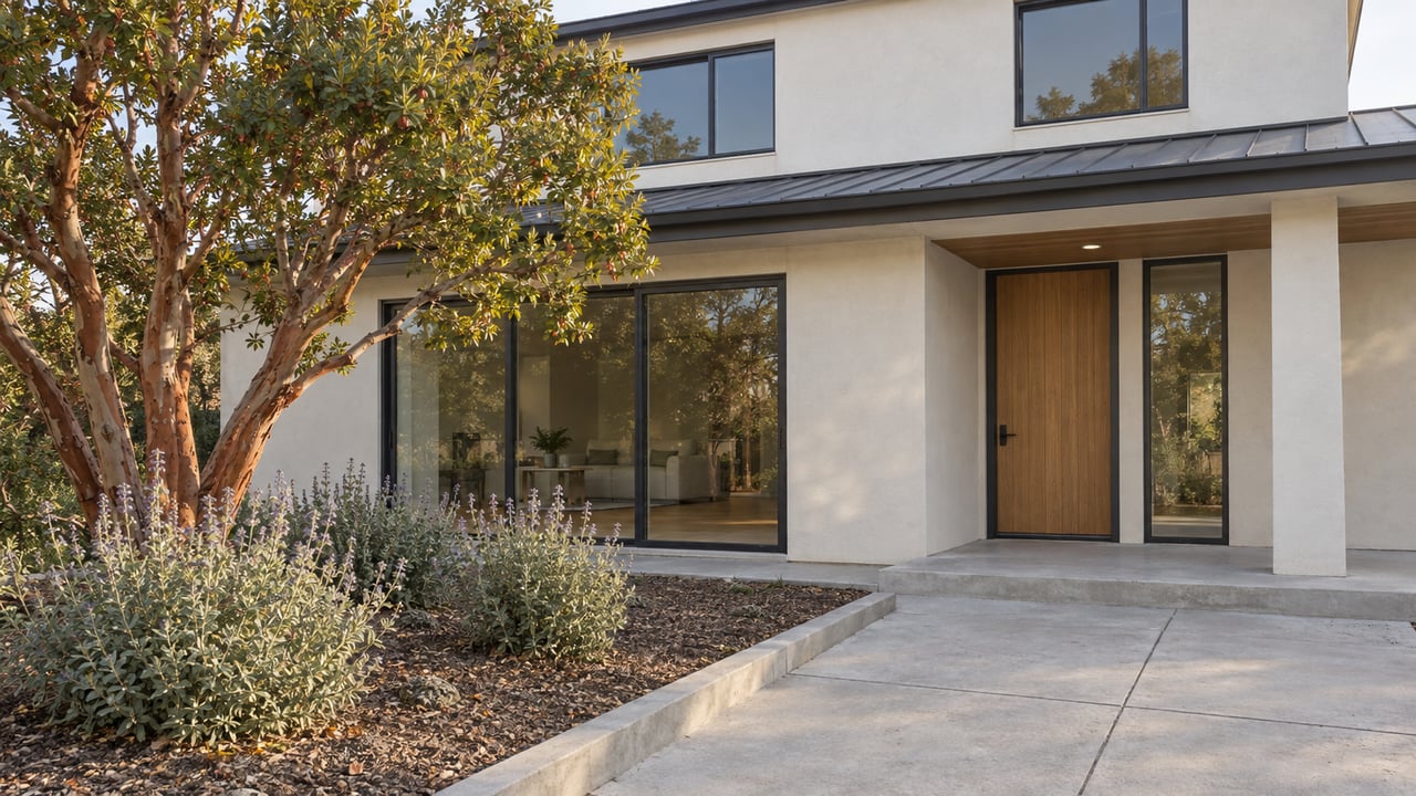 Updated two-story home with warm-white stucco, dark-framed glazing and an oak entry beside a planted front garden.