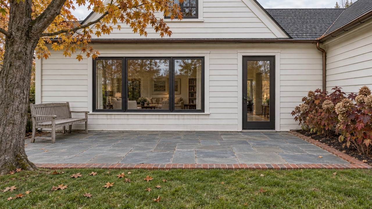 White clapboard home with a glazed garden door, bluestone terrace, silvered teak bench and autumn maple leaves.