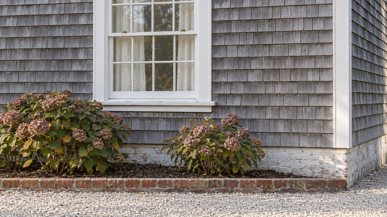 Weathered cedar shingles surround a white divided-light window above faded hydrangeas and an aged brick garden border.