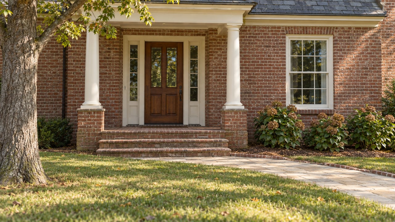 Brick traditional home entrance with ivory columns, walnut door, worn brick steps, oakleaf hydrangeas and an established lawn.