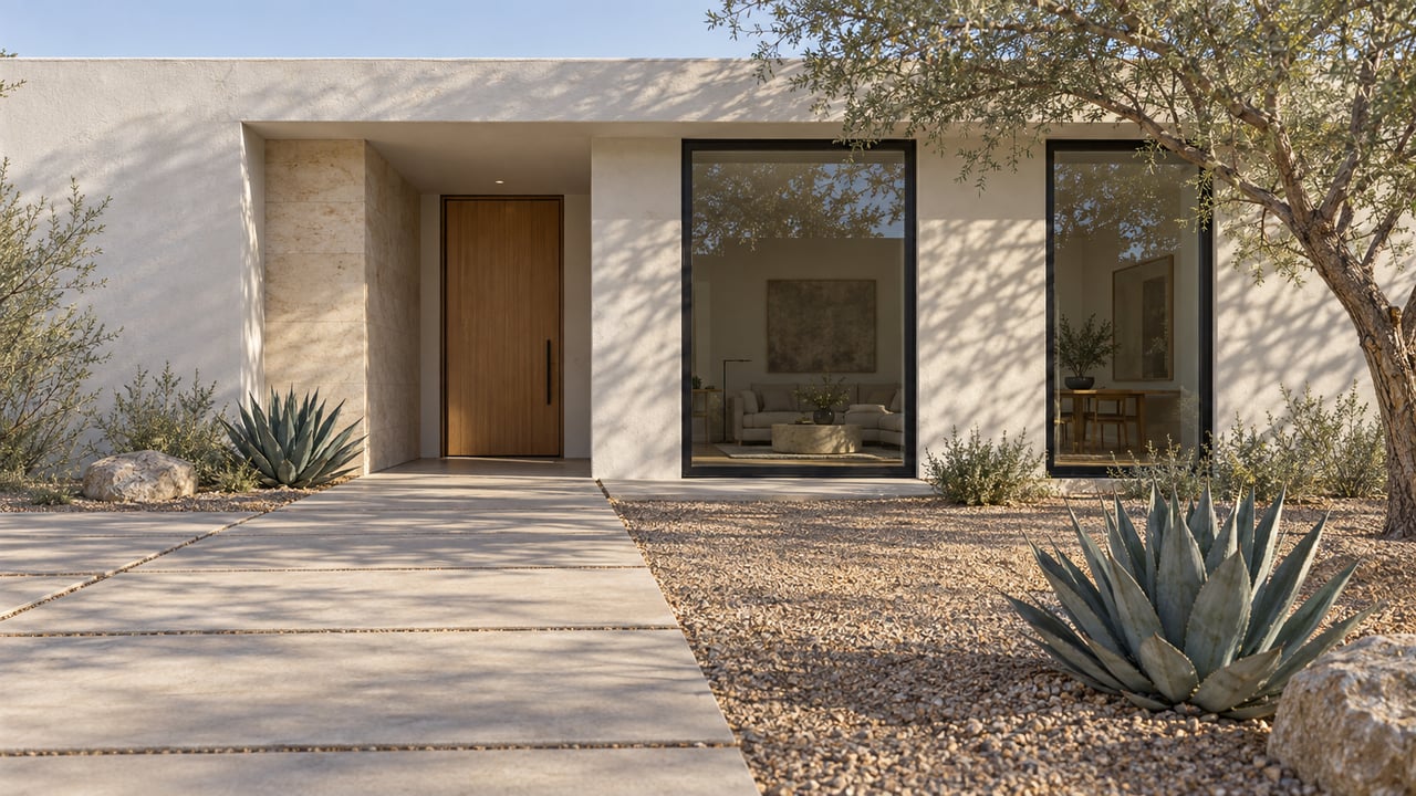 Flat-roofed white stucco house with a recessed timber door, concrete approach, gravel beds, agaves, and a desert tree.