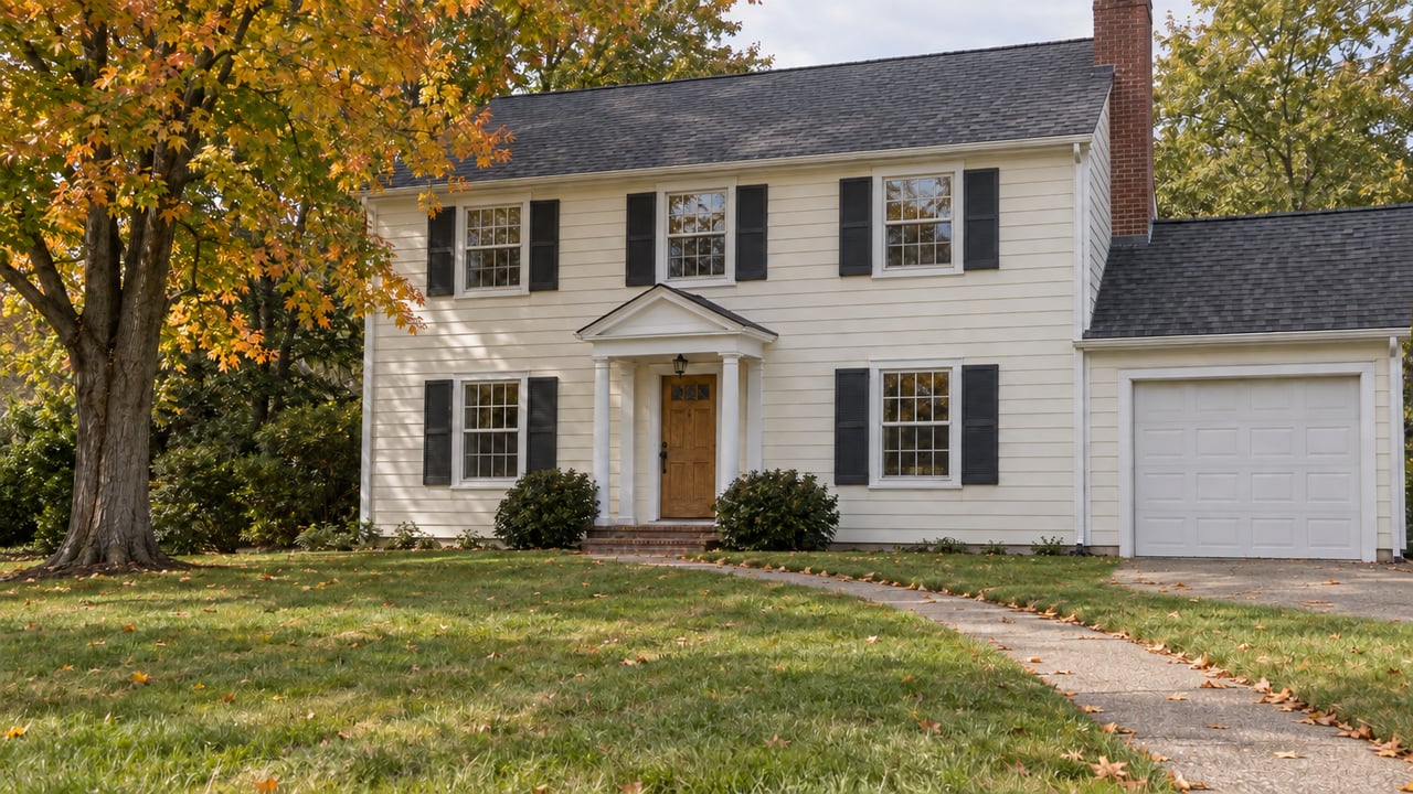 House with a concrete driveway apron meeting the garage, autumn leaves scattered across the lawn.
