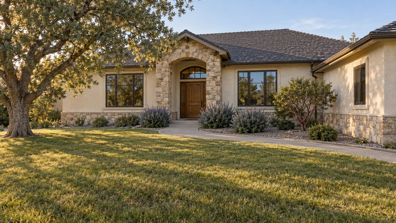 Cream stucco country home with a stone-framed oak entry, broad windows, deep lawn and a mature blue oak in afternoon light.