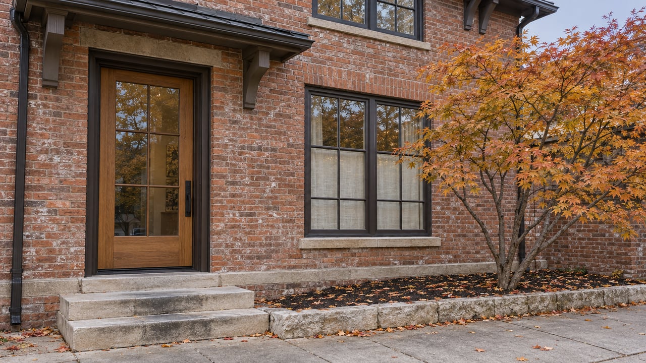 Red-brown brick home with recessed oak entry, divided-light window, shallow steps, and an amber-leaved maple.