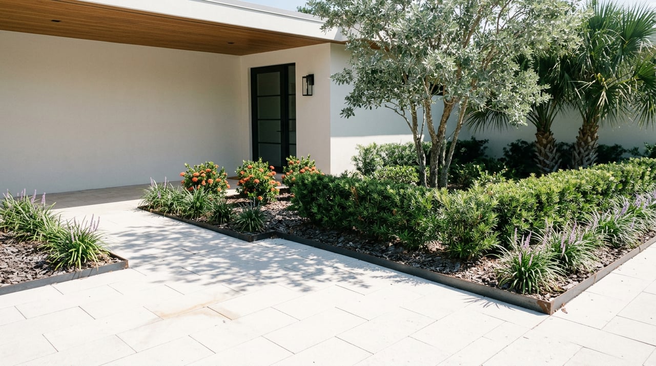 Limestone path bordered by clipped hedges, flowering shrubs, and palms leads to a modern stucco home’s recessed entry.