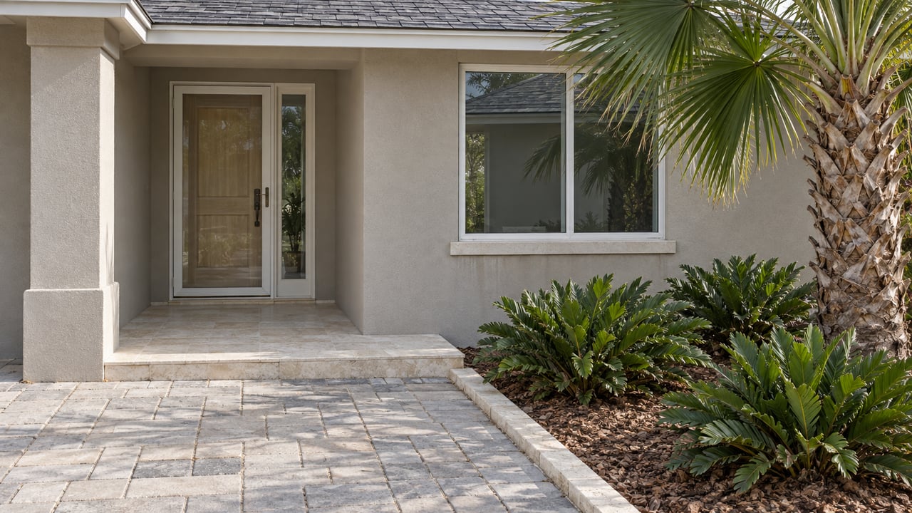 Warm-gray stucco home entry with a pale wood door, limestone porch, and a palm beside low coontie planting.