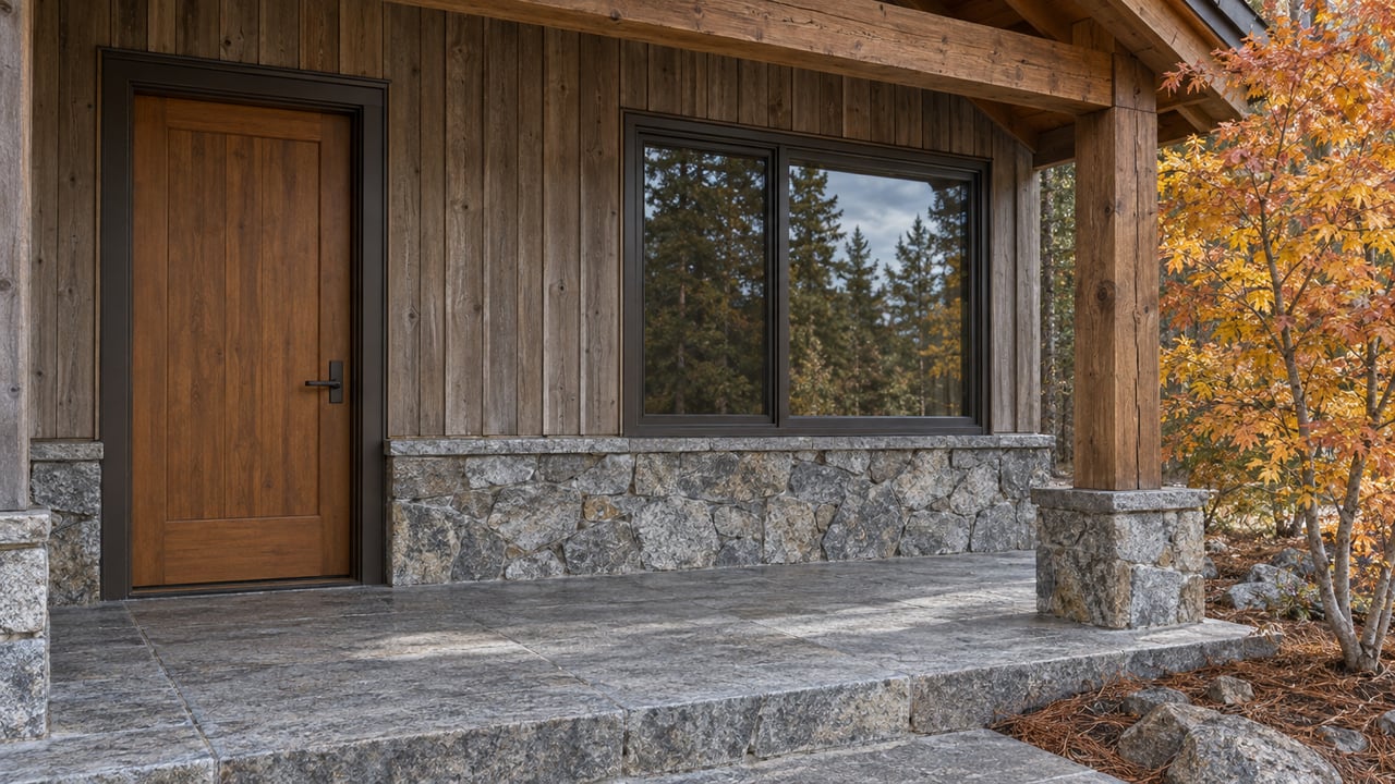 Weathered cedar entry with a closed timber door, bronze-framed window, granite porch and rust-yellow maple foliage.